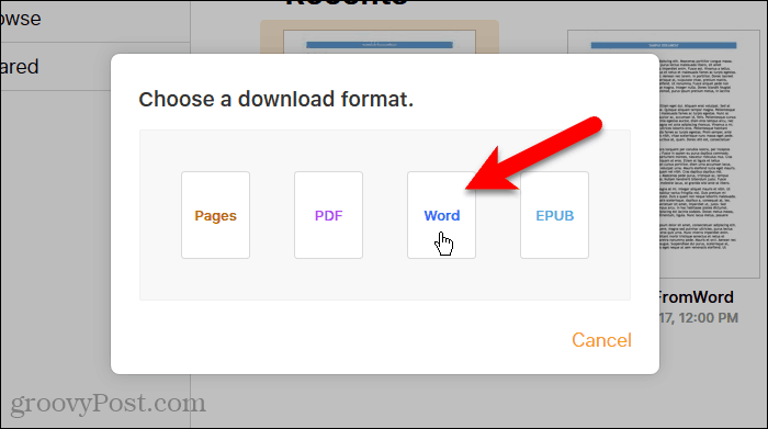 לחץ על Word בתיבת הדו-שיח בחר פורמט הורדה בדפים ב- iCloud