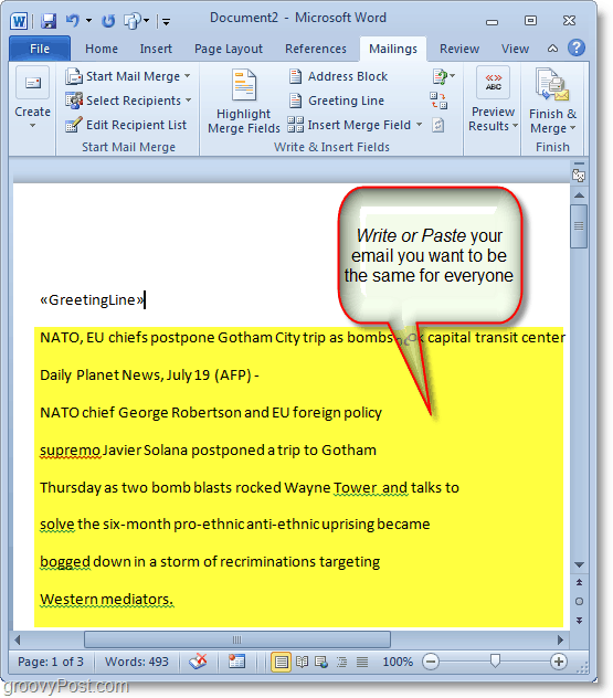צילום מסך של Outlook 2010 - כתב את תוכן הדוא"ל המוני שלך