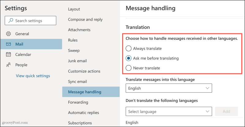 הגדרות תרגום ב- Outlook באופן מקוון