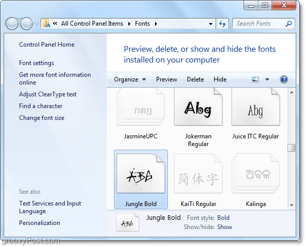 השקפה על לוח הבקרה של גופן Windows 7