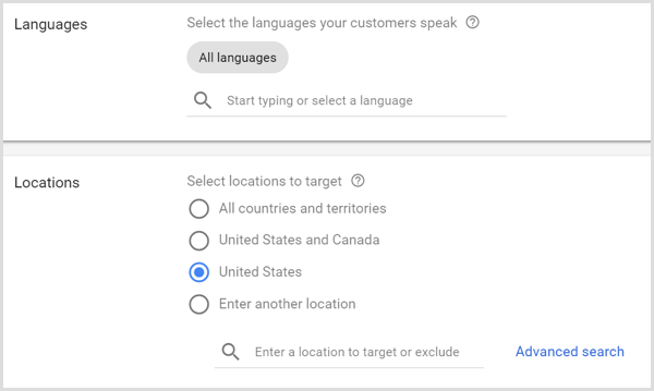 הגדרות שפות ומיקומים עבור קמפיין Google AdWords.