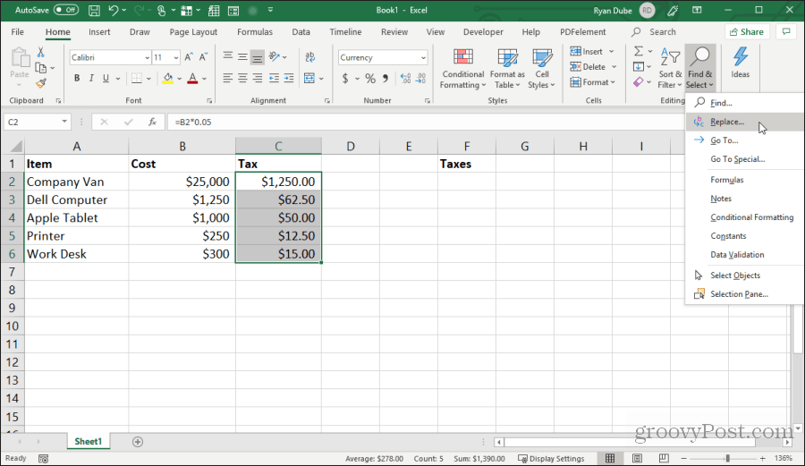 החלפת תווי נוסחה ב- Excel