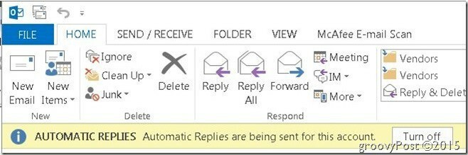 תגובות אוטומטיות של Outlook מימין למעלה