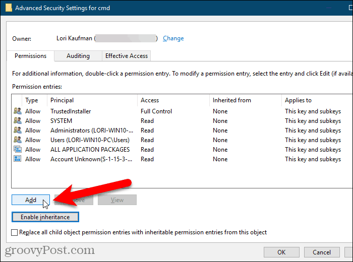 לחץ על הוסף בתיבת הדו-שיח הגדרות אבטחה מתקדמות ברישום Windows