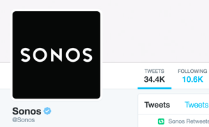 חשבון הטוויטר של Sonos מאומת ומציג את התג הכחול המאומת של טוויטר.
