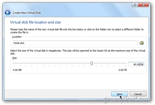 גודל הדיסק של VirtualBox מגדיר את חלונות 8