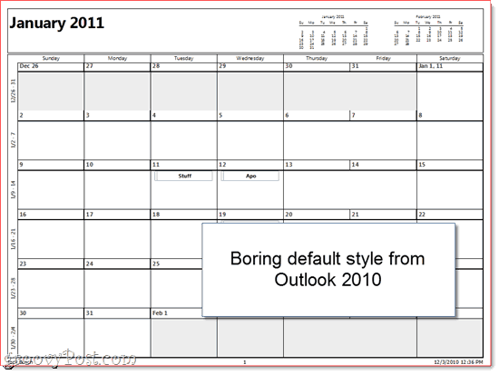 לוח שנה מודפס של Outlook