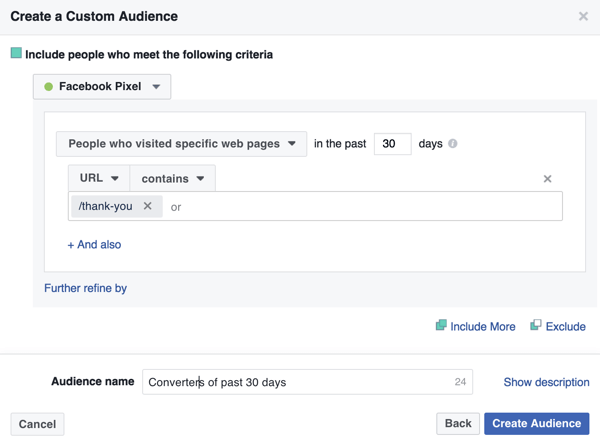 כדי ליצור קהל מותאם אישית של פייסבוק של רוכשים בעבר, הוסף את כתובת דף התודה שלך.