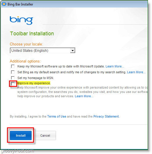 כיצד להתקין סרגל הכלים bing ולהשבית את שיפור תכונת החוויה שלי.