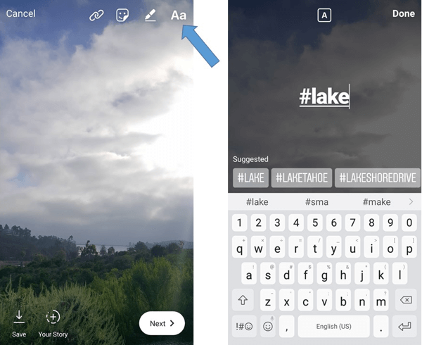 השתמש בתכונת הטקסט כדי להוסיף ידנית hashtag לסיפור האינסטגרם שלך.