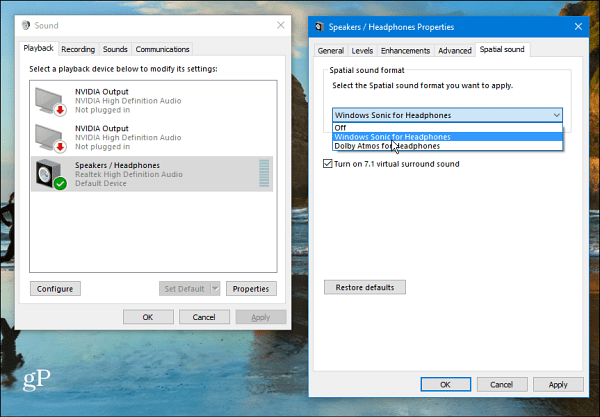 הגדרת צליל מרחבית של Windows 10
