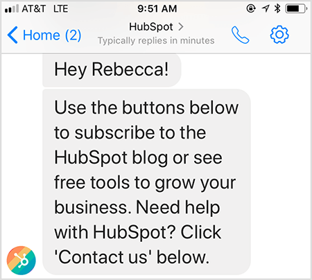 הודעת הפתיחה של צ'אט-בוט של HubSpot מאפשרת לך ליצור קשר עם אדם.