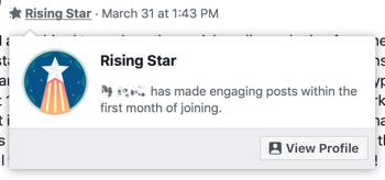 כיצד להשתמש בתכונות של קבוצות פייסבוק, דוגמה לתג קבוצה של כוכב עולה