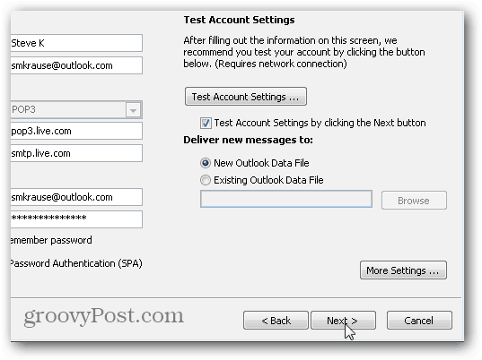 הגדרות IMAP של SMTP POP3 של Outlook 2010 - 08