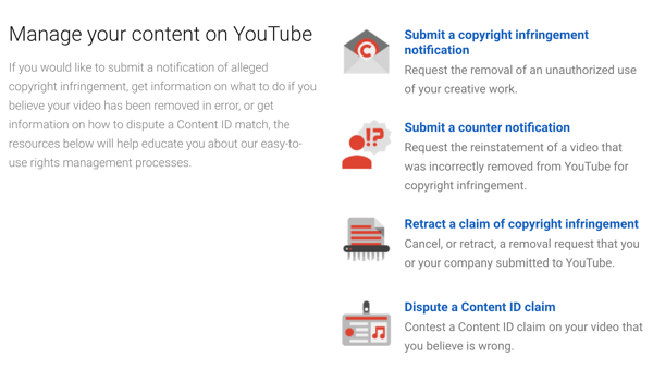ל- YouTube יש נהלי הסרה שתוכלו לפעול אם מישהו מפר את זכויות היוצרים שלכם.
