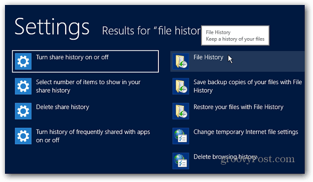 הגדרות היסטוריית קבצים חפש ב- Windows 8