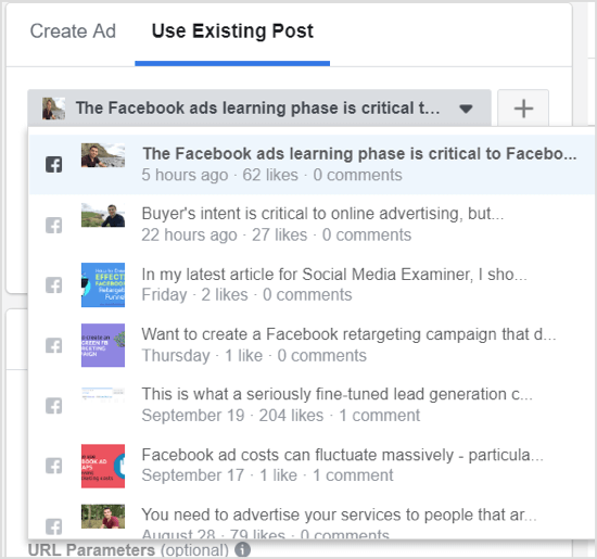 לחץ על החץ למטה ובחר את הפוסט שלך מהתפריט הנפתח של הודעות דף הפייסבוק שלך.