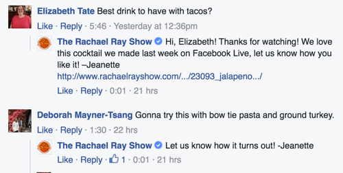 התגובה בפייסבוק של רייצ'ל ריי מגיבה דוגמה