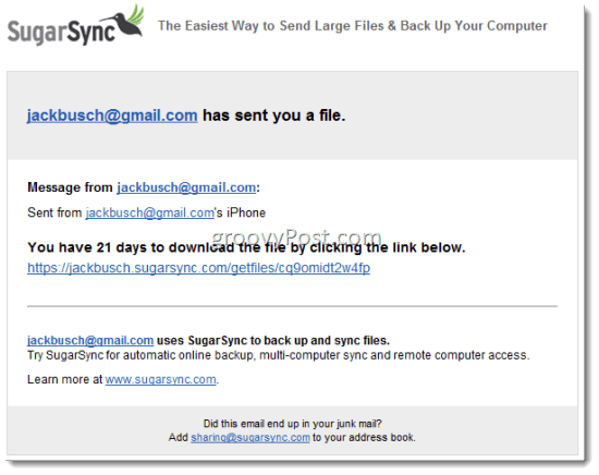 SugarSync שתף קבצים באמצעות דואר אלקטרוני