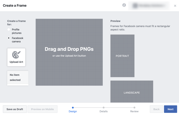 כיצד לקדם את האירוע החי שלך בפייסבוק, שלב 2, ליצור את המסגרת שלך באולפן המסגרות של פייסבוק
