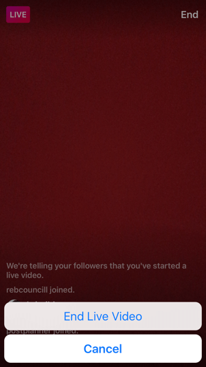 הקש על כפתור הסיום כדי לסיים את השידור החי שלך ב- Instagram.