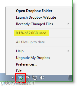 צילום מסך של Dropbox - סמל מגש המערכת של Dropbox מתנדנד