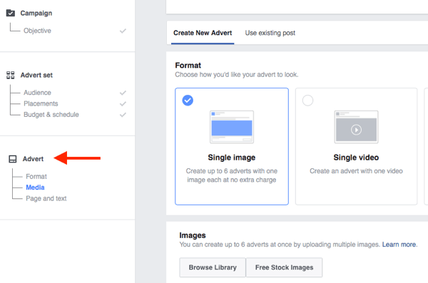 המפלס התחתון של מבנה הקמפיין בפייסבוק הוא המקום בו אתה בוחר את קריאייטיב המודעה שלך.