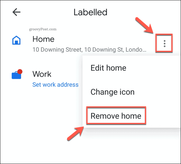 הסרת כתובת בית שמורה במפות Google לנייד
