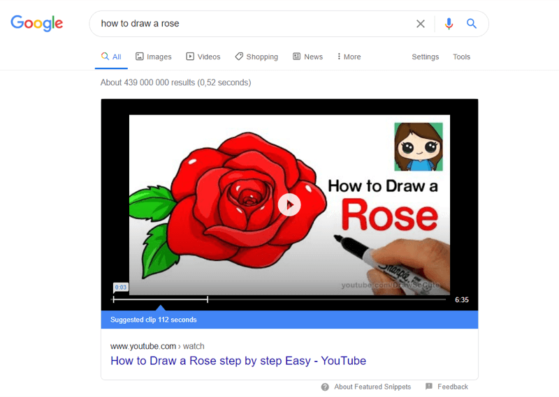 דוגמה לסרטון יוטיוב מוביל בתוצאות החיפוש בגוגל עבור 'איך לצייר ורד'