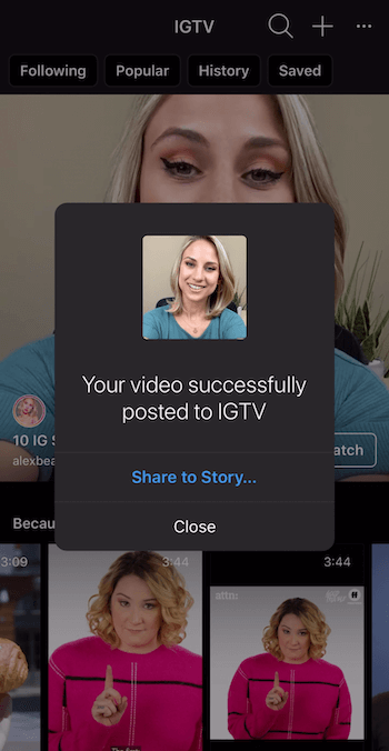 הנחיה לשתף סרטון IGTV לסיפורי אינסטגרם