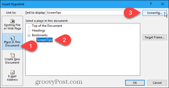 לחץ על ScreenTip בתיבת הדו-שיח Insert Hyperlink ב- Word