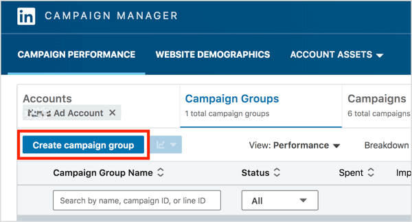 בכרטיסייה קבוצות קמפיין של LinkedIn Campaign Manager, לחץ על הלחצן צור קבוצת קמפיין.