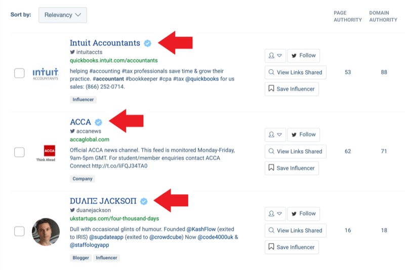 אסטרטגיית שיווק ברשתות חברתיות; צילום מסך של תוצאות חיפוש מכלי זיהוי המשפיעים של BuzzSumo לאחר הזנת מילת המפתח 'חשבונאות'.