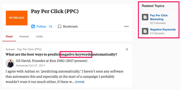 דוגמה לתוצאת חיפוש של Quora הכוללת את מונח החיפוש 'PPC' ואת הביטוי 'מילות מפתח שליליות'.