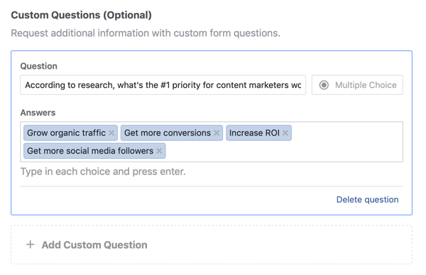 אפשרויות שאלה ותשובה לדוגמא לשאלה עבור קמפיין פרסום מוביל בפייסבוק.
