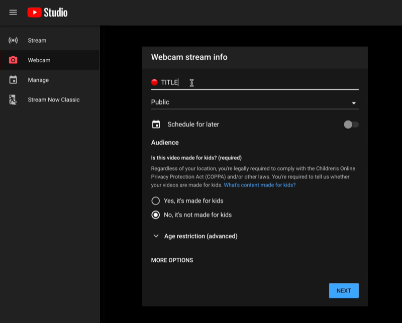 אולפן YouTube עבור לתפריט חי לוח מחוונים של סטרימינג בשידור חי עם פרטי המידע על זרם מצלמות מוכנים להגדרה