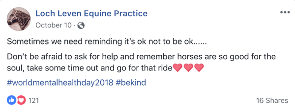 דוגמה לפוסט בפייסבוק עם אימוג'י מ- Lock Leven Equine Practice.
