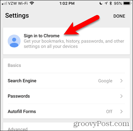 הקש על כניסה ל- Chrome ב- iOS