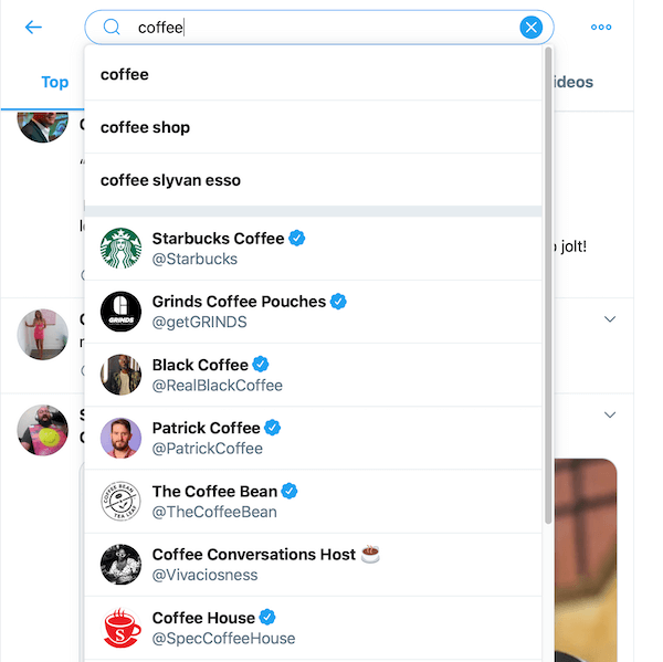 מדגם של תוצאות חיפוש מחיפוש קפה בתיבת החיפוש בטוויטר