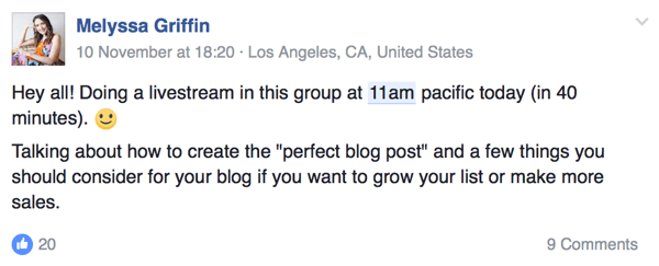 היזמית מליסה גריפין מודיעה לקהל שלה מתי היא תהיה בשידור חי בפייסבוק.