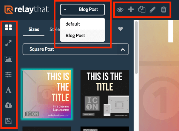 השתמש בתפריט השמאלי כדי להציג פריסות שונות לפרויקט RelayThat שלך והשתמש בתפריט העליון כדי לבחור את הפרויקט שלך.