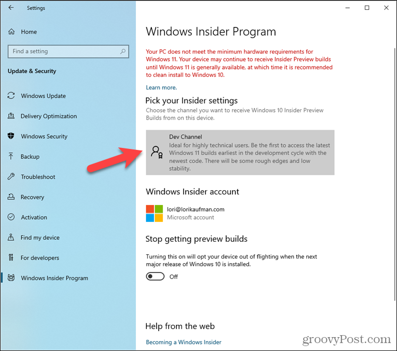 ערוץ הפיתוח מוגדר בהגדרות של תוכנית Windows Insider