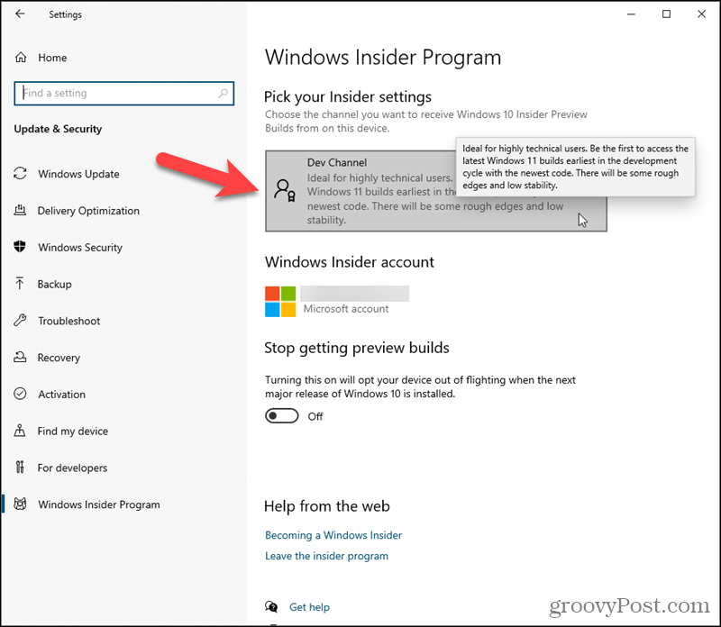 לחץ על ערוץ Dev תחת בחר את הגדרות Insider שלך ב- Windows 10