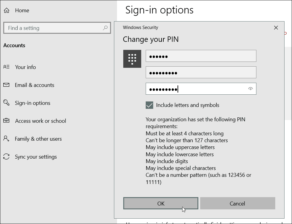 דרישות קוד PIN של תווים מיוחדים Windows 10