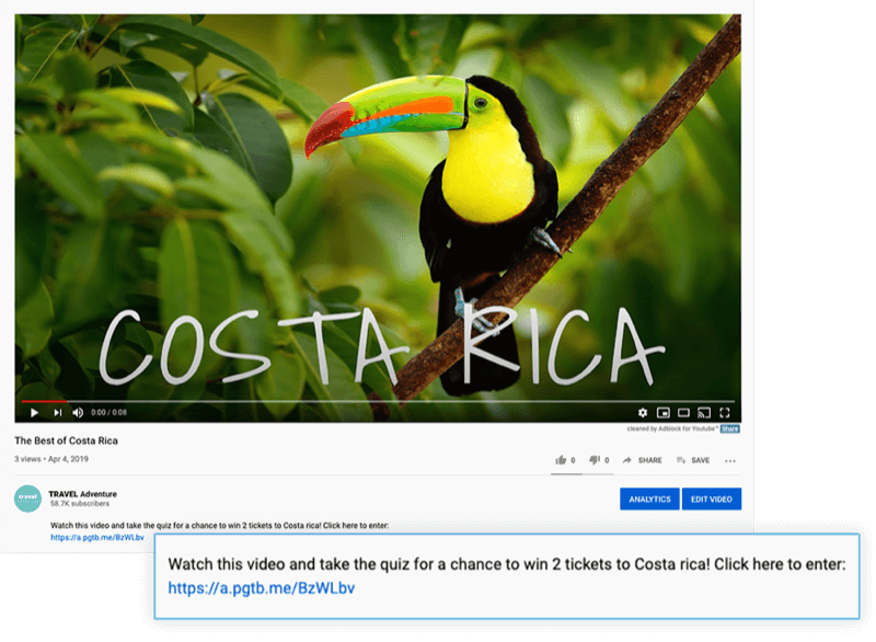 תיאור סרטון יוטיוב מודגש עם הצעה לצפייה בסרטון ולקחת את החידון לסיכוי לזכות בכרטיס 2 לקוסטה ריקה