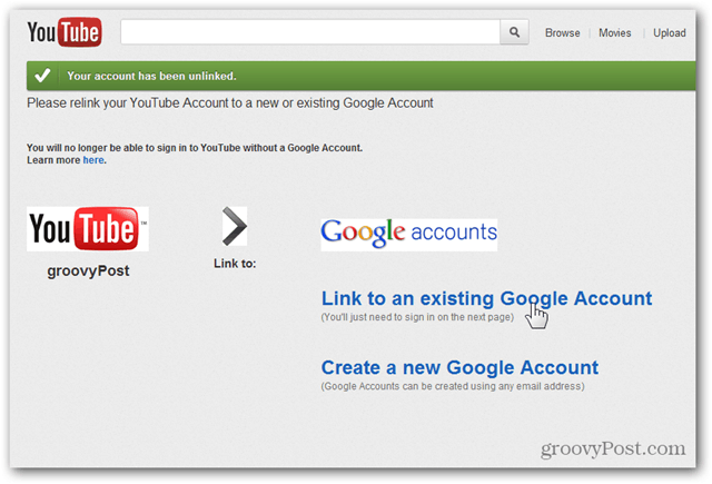 קשר חשבון YouTube לחשבון Google חדש - לחץ על קישור לחשבון קיים