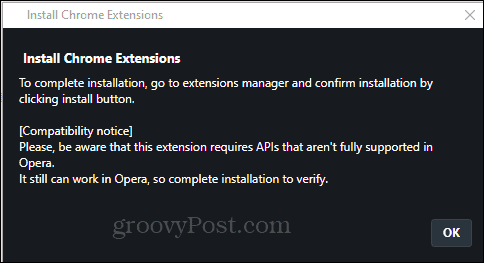 אישור התקנת הרחבה של Chrome להתקנת Opera
