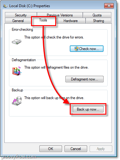 גיבוי של Windows 7 - הכרטיסייה כלים על מאפיינים וכפתור גיבוי כעת