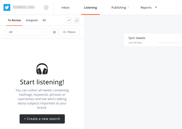 כיצד להשתמש ב- Agorapulse להאזנה למדיה חברתית, שלב 2 צור חיפוש חדש בכרטיסיית ההאזנה.