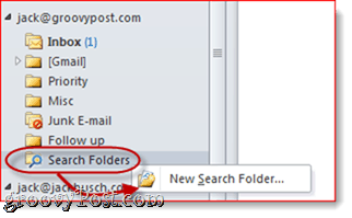 תיקיות חיפוש של Outlook 2010